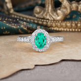 1 Carat Oval Cut Emerald Engagement Ring Half Eternity Halo Promise Ring